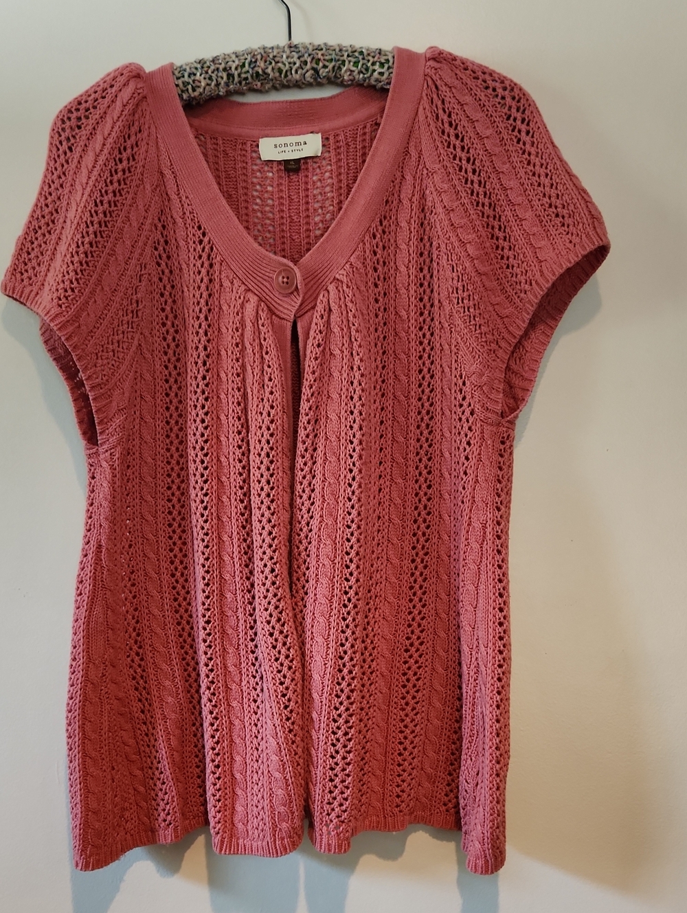 Sonoma Pink Openwork Cable Knit Short Sleeve 1 Button Cardigan